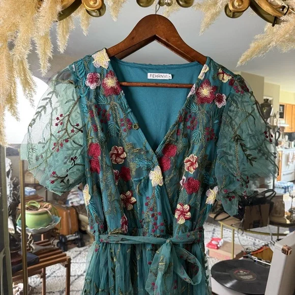 Fehrnvi Green and Teal Floral Embroidered Tulle Faux Wrap Maxi Dress - Picture 3 of 9